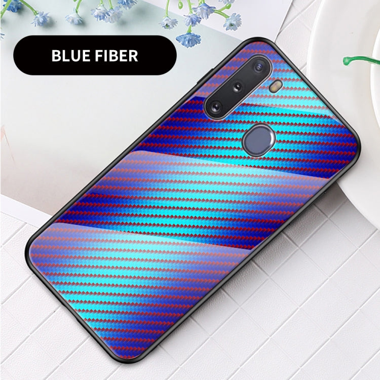 For Samsung Galaxy A21 Gradient Carbon Fiber Texture TPU Border Tempered Glass Case