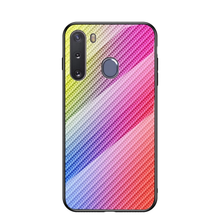 For Samsung Galaxy A21 Gradient Carbon Fiber Texture TPU Border Tempered Glass Case