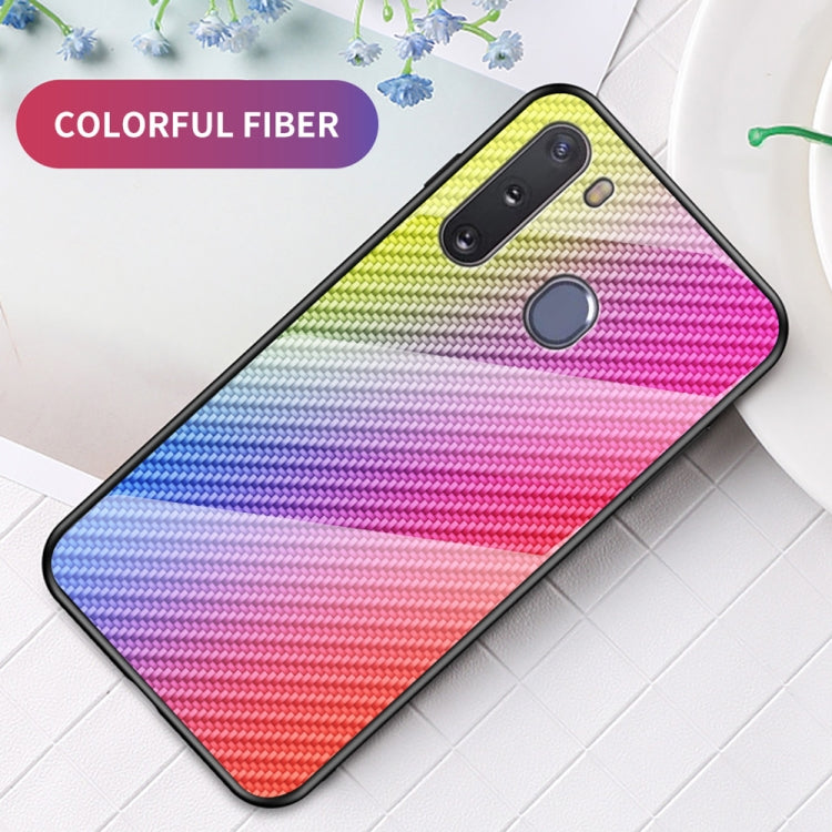 For Samsung Galaxy A21 Gradient Carbon Fiber Texture TPU Border Tempered Glass Case
