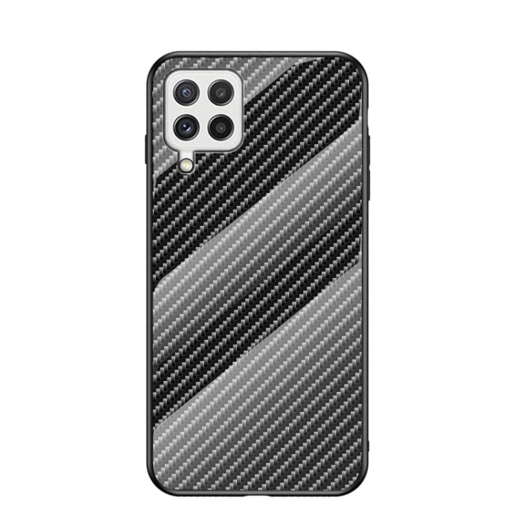 For Samsung Galaxy A22 4G Gradient Carbon Fiber Texture TPU Border Tempered Glass Case