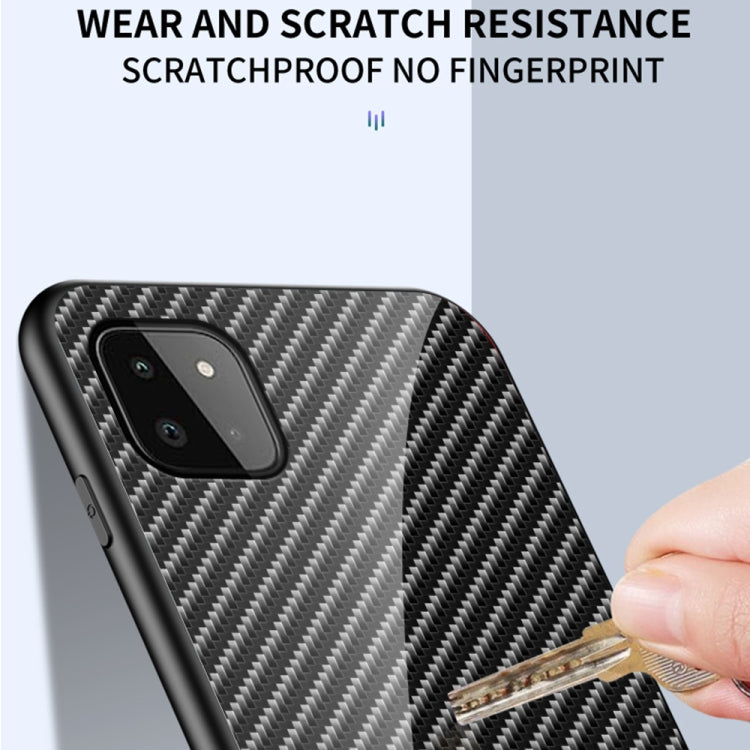 For Samsung Galaxy A22 5G Gradient Carbon Fiber Texture TPU Border Tempered Glass Case