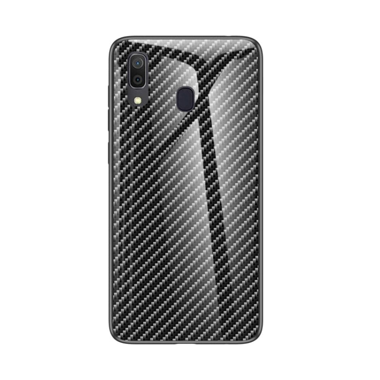 For Samsung Galaxy A30 / A20 Gradient Carbon Fiber Texture TPU Border Tempered Glass Case