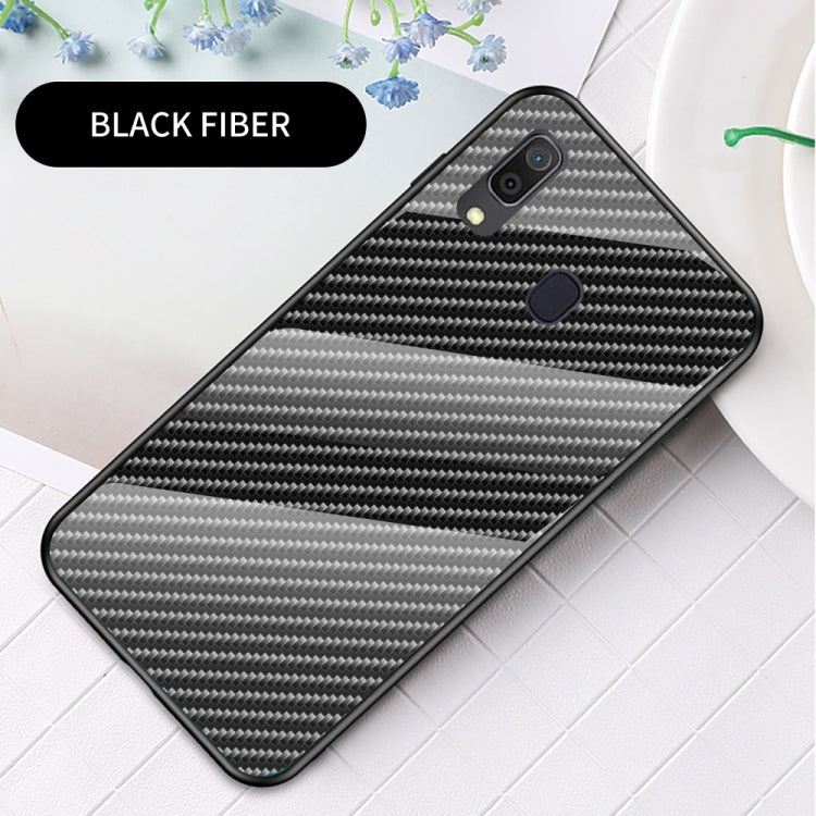 For Samsung Galaxy A30 / A20 Gradient Carbon Fiber Texture TPU Border Tempered Glass Case