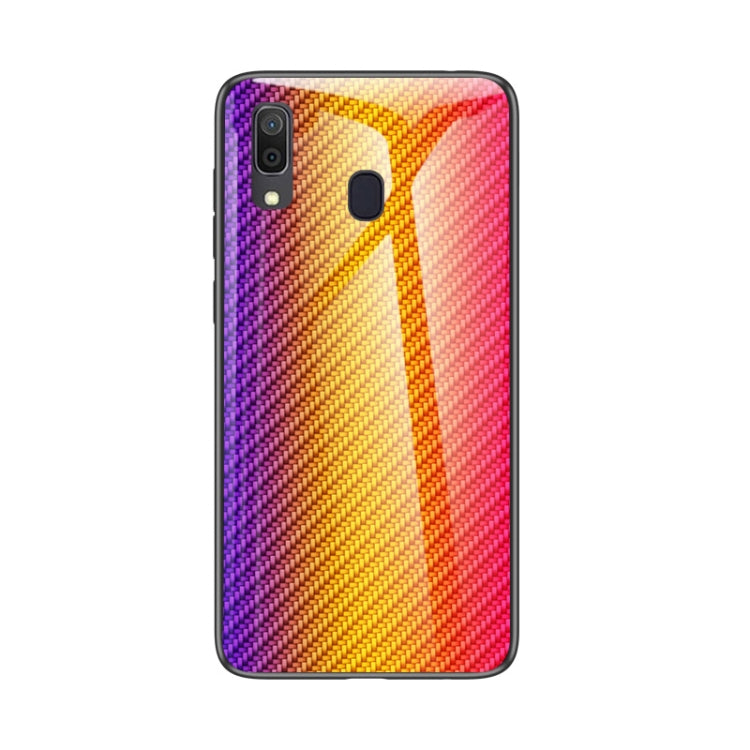 For Samsung Galaxy A30 / A20 Gradient Carbon Fiber Texture TPU Border Tempered Glass Case