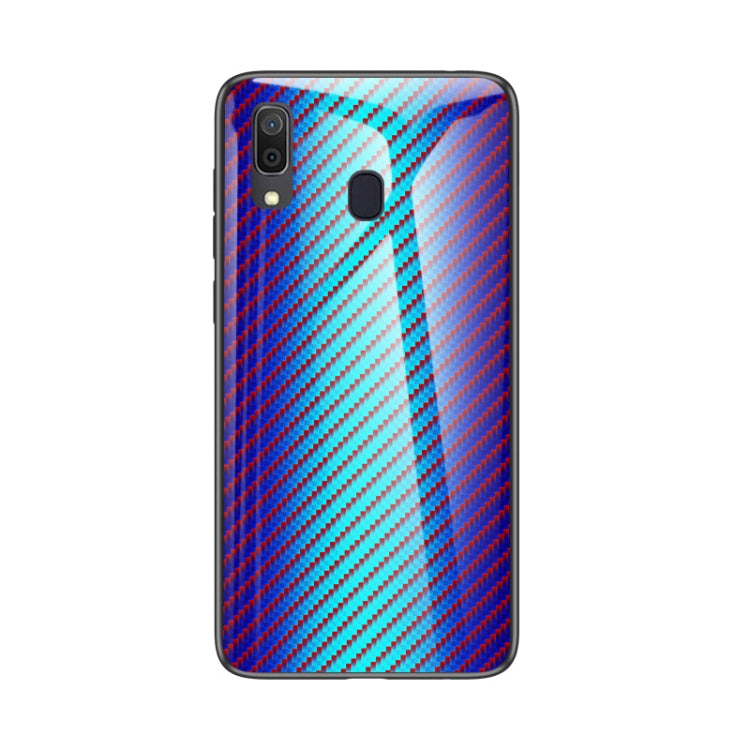 For Samsung Galaxy A30 / A20 Gradient Carbon Fiber Texture TPU Border Tempered Glass Case