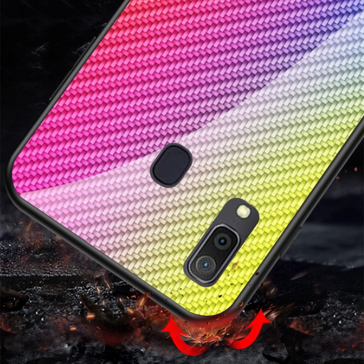 For Samsung Galaxy A30 / A20 Gradient Carbon Fiber Texture TPU Border Tempered Glass Case