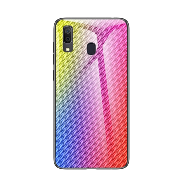 For Samsung Galaxy A30 / A20 Gradient Carbon Fiber Texture TPU Border Tempered Glass Case