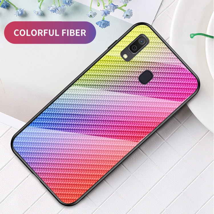 For Samsung Galaxy A30 / A20 Gradient Carbon Fiber Texture TPU Border Tempered Glass Case
