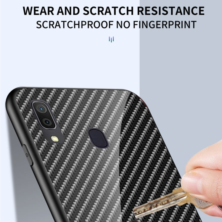 For Samsung Galaxy A30 / A20 Gradient Carbon Fiber Texture TPU Border Tempered Glass Case