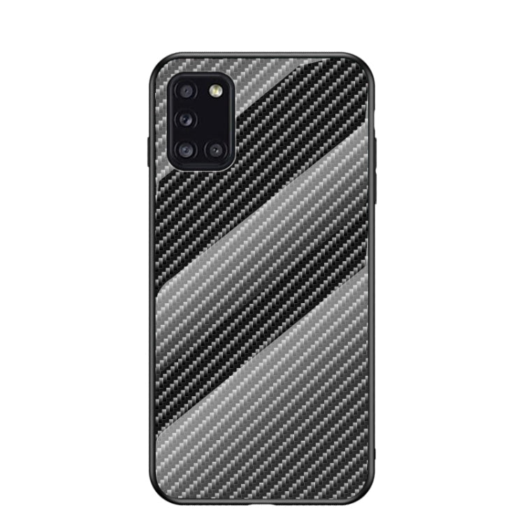 For Samsung Galaxy A31 Gradient Carbon Fiber Texture TPU Border Tempered Glass Case