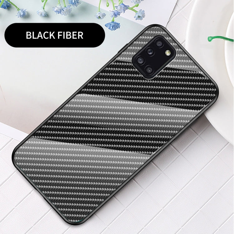 For Samsung Galaxy A31 Gradient Carbon Fiber Texture TPU Border Tempered Glass Case