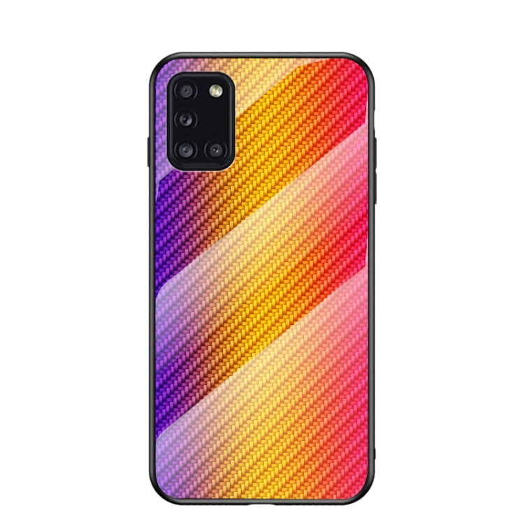 For Samsung Galaxy A31 Gradient Carbon Fiber Texture TPU Border Tempered Glass Case