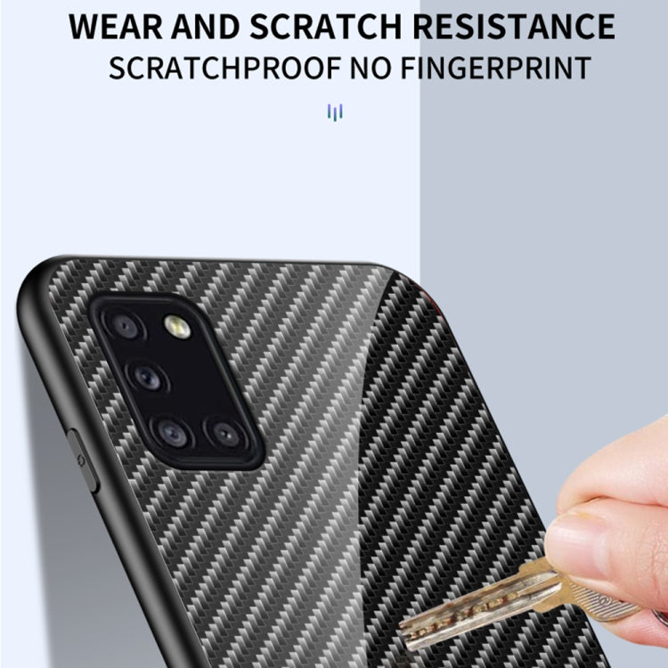 For Samsung Galaxy A31 Gradient Carbon Fiber Texture TPU Border Tempered Glass Case