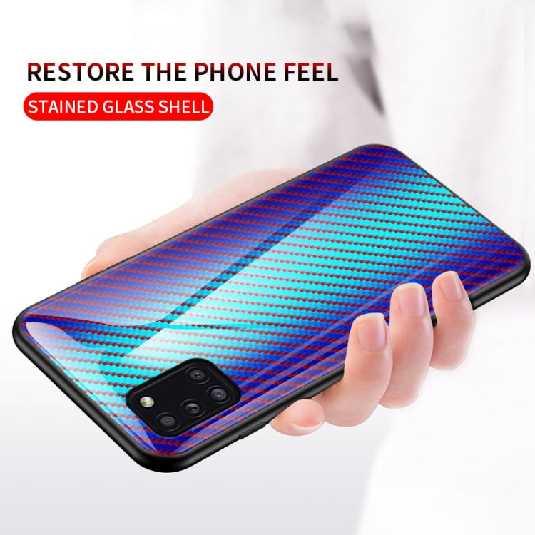 For Samsung Galaxy A31 Gradient Carbon Fiber Texture TPU Border Tempered Glass Case