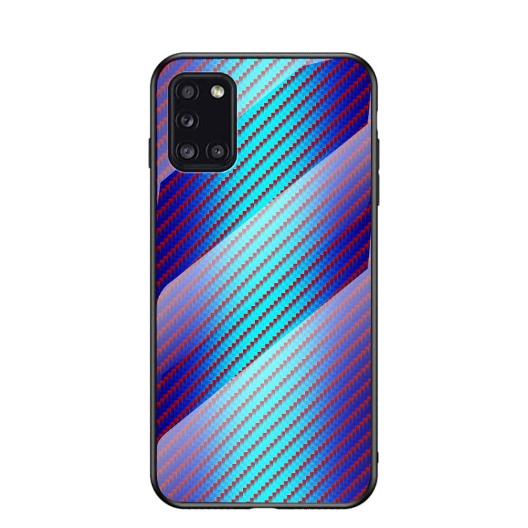 For Samsung Galaxy A31 Gradient Carbon Fiber Texture TPU Border Tempered Glass Case