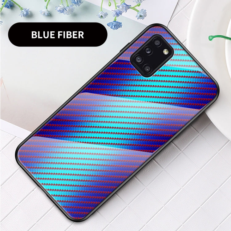 For Samsung Galaxy A31 Gradient Carbon Fiber Texture TPU Border Tempered Glass Case