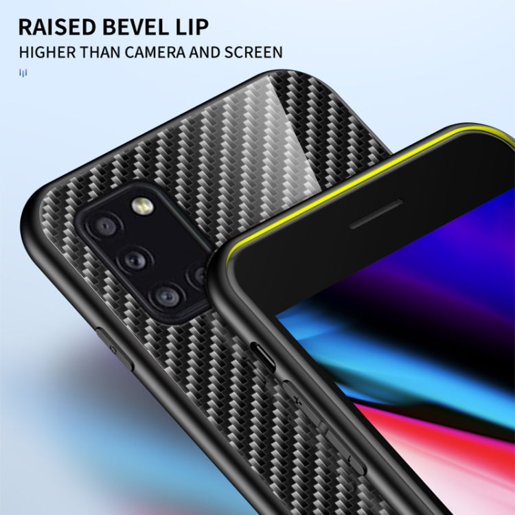 For Samsung Galaxy A31 Gradient Carbon Fiber Texture TPU Border Tempered Glass Case