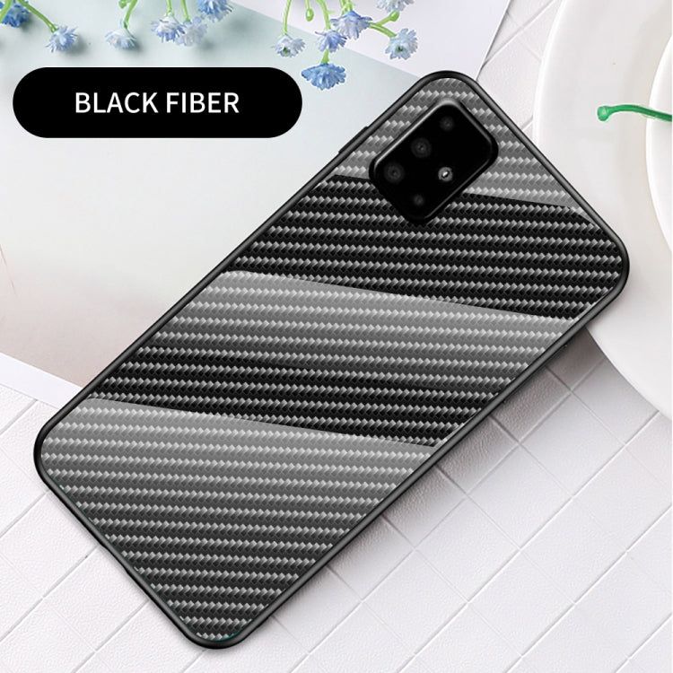 For Samsung Galaxy A71 Gradient Carbon Fiber Texture TPU Border Tempered Glass Case