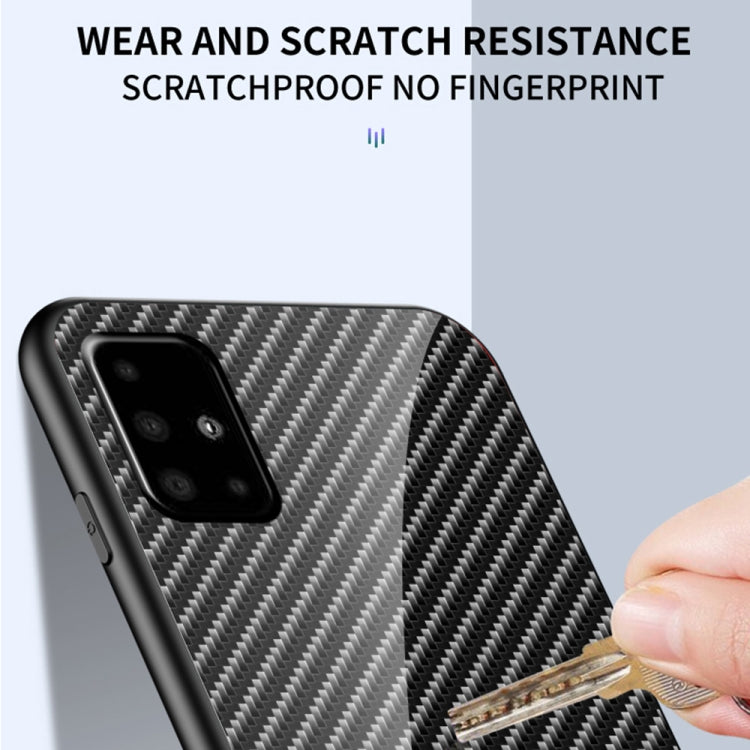 For Samsung Galaxy A71 Gradient Carbon Fiber Texture TPU Border Tempered Glass Case