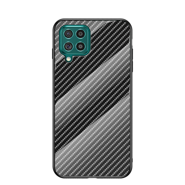 For Samsung Galaxy F62 Gradient Carbon Fiber Texture TPU Border Tempered Glass Case