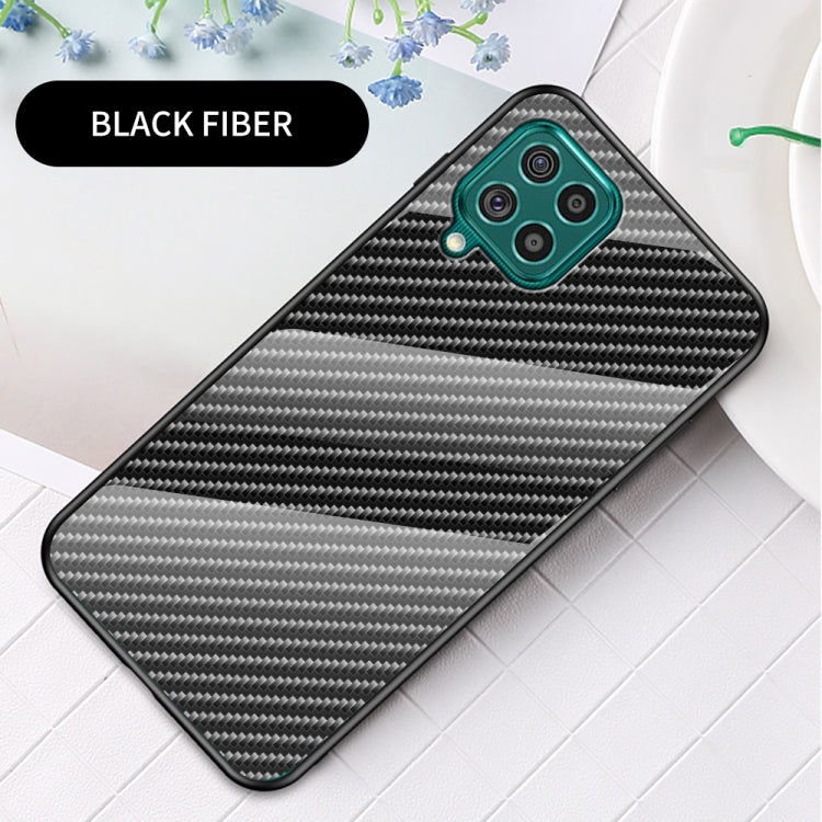 For Samsung Galaxy F62 Gradient Carbon Fiber Texture TPU Border Tempered Glass Case