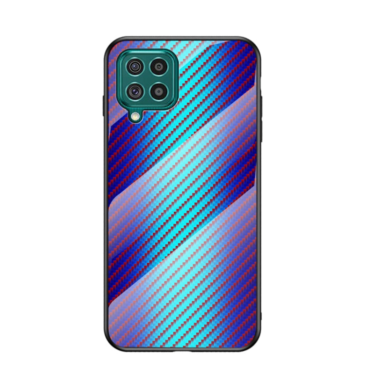 For Samsung Galaxy F62 Gradient Carbon Fiber Texture TPU Border Tempered Glass Case