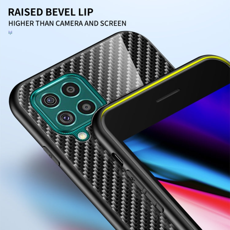For Samsung Galaxy F62 Gradient Carbon Fiber Texture TPU Border Tempered Glass Case