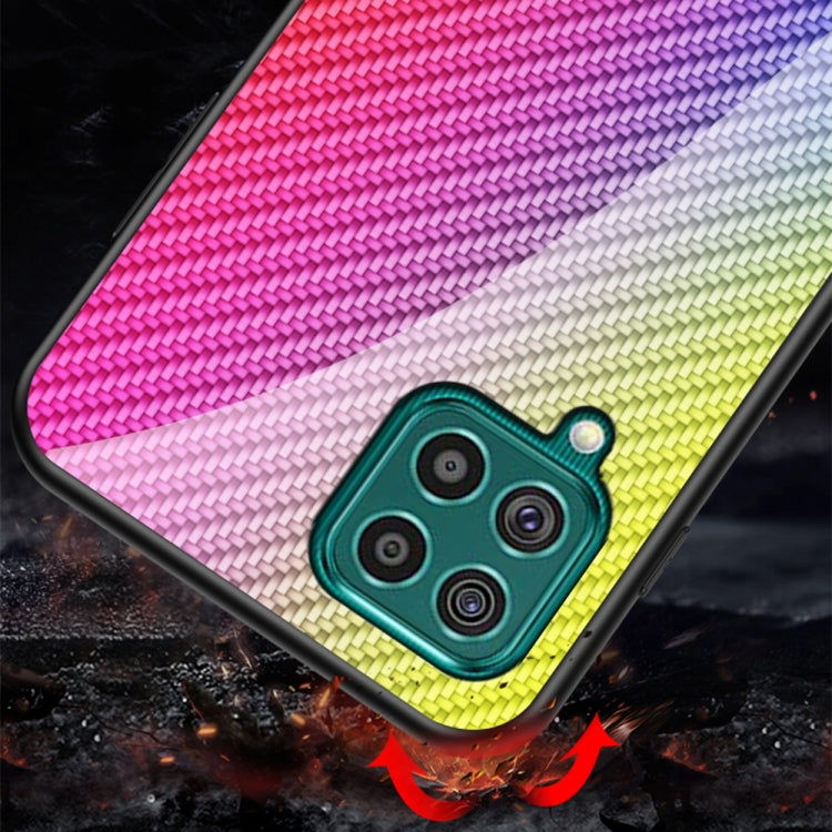 For Samsung Galaxy F62 Gradient Carbon Fiber Texture TPU Border Tempered Glass Case