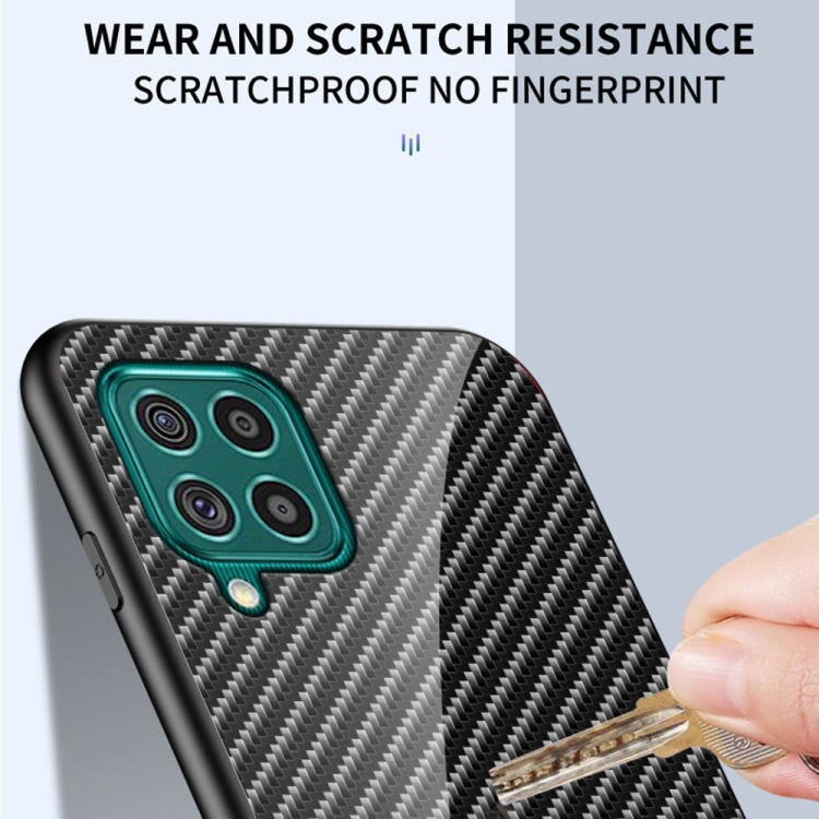 For Samsung Galaxy F62 Gradient Carbon Fiber Texture TPU Border Tempered Glass Case