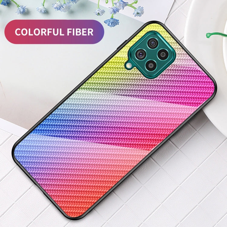 For Samsung Galaxy F62 Gradient Carbon Fiber Texture TPU Border Tempered Glass Case