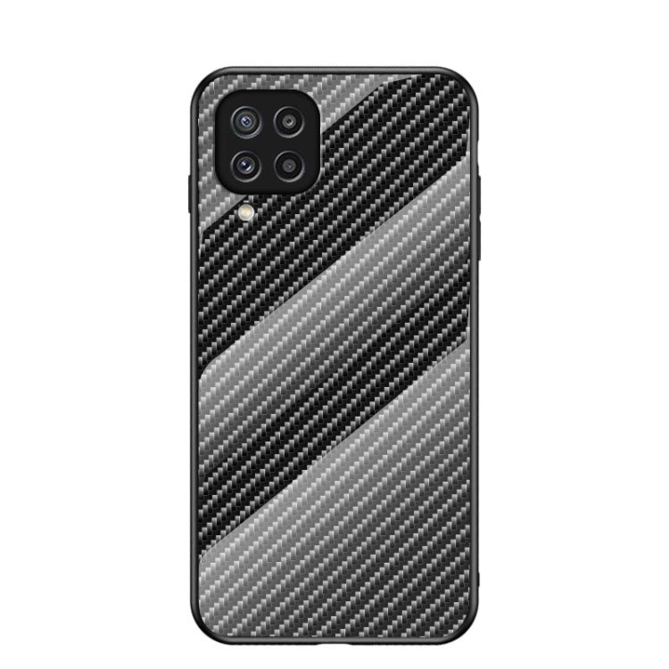 For Samsung Galaxy M32 Gradient Carbon Fiber Texture TPU Border Tempered Glass Case