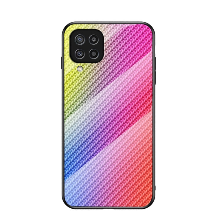 For Samsung Galaxy M32 Gradient Carbon Fiber Texture TPU Border Tempered Glass Case