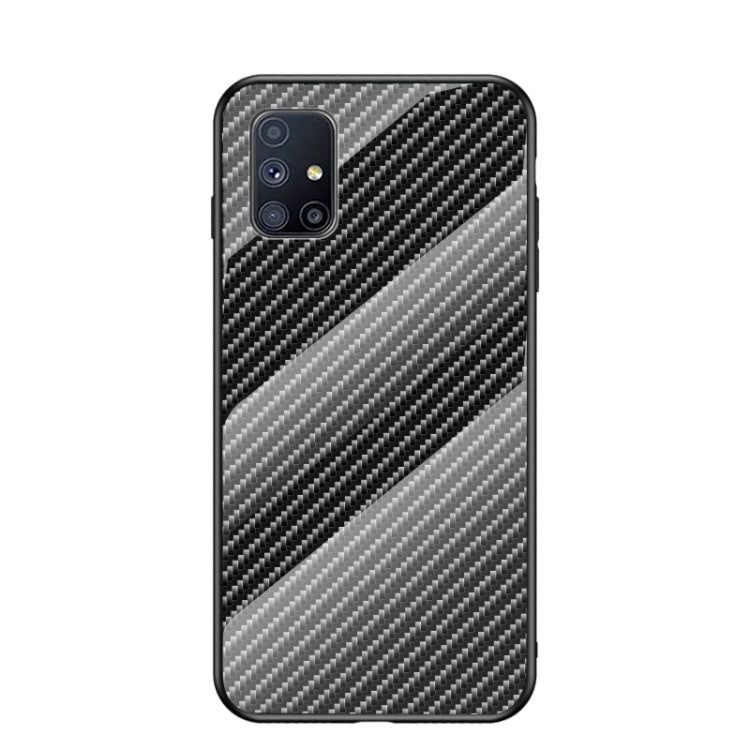 For Samsung Galaxy M51 Gradient Carbon Fiber Texture TPU Border Tempered Glass Case