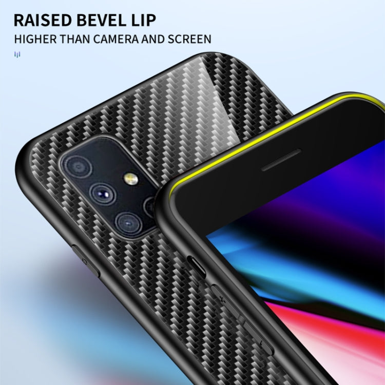 For Samsung Galaxy M51 Gradient Carbon Fiber Texture TPU Border Tempered Glass Case