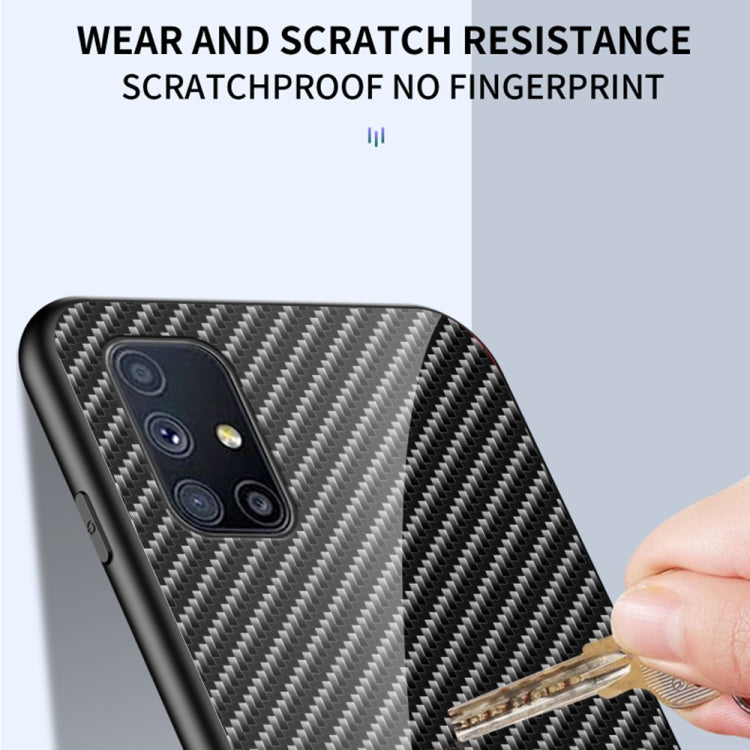 For Samsung Galaxy M51 Gradient Carbon Fiber Texture TPU Border Tempered Glass Case