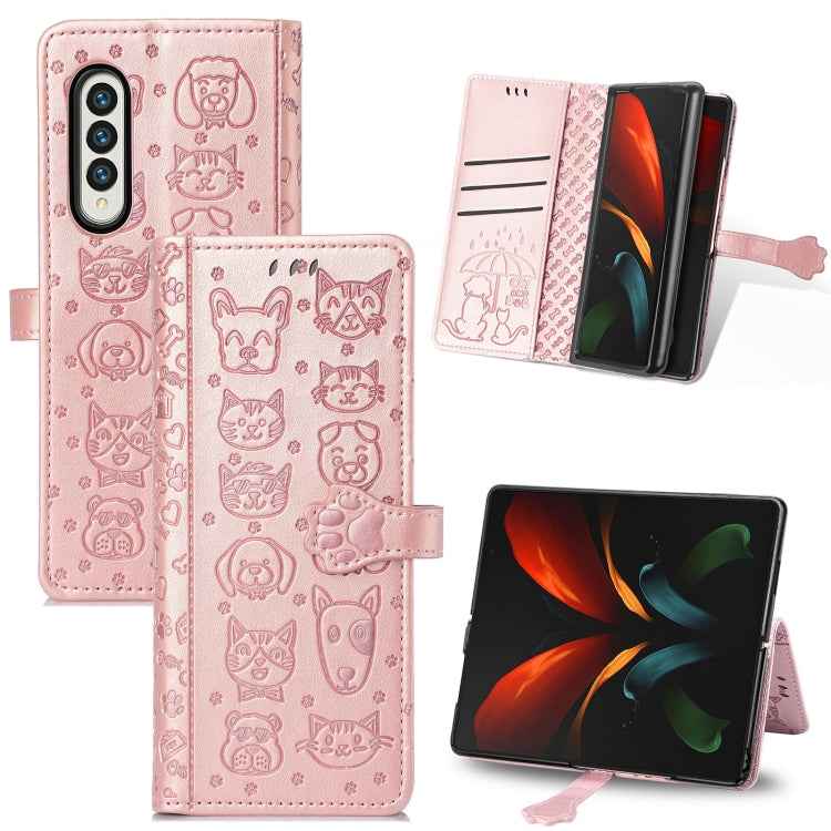 For Samsung Galaxy Z Fold3 5G Lovely Cat and Dog Embossing Pattern Horizontal Flip Leather Case , with Holder & Card Slots & Wallet(Rose Gold)