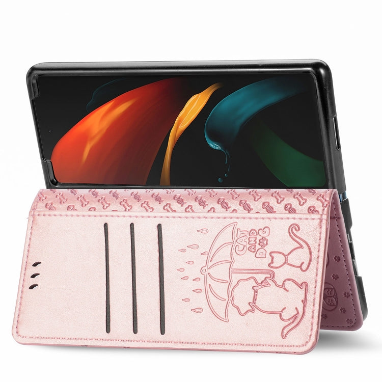 For Samsung Galaxy Z Fold3 5G Lovely Cat and Dog Embossing Pattern Horizontal Flip Leather Case , with Holder & Card Slots & Wallet(Rose Gold)