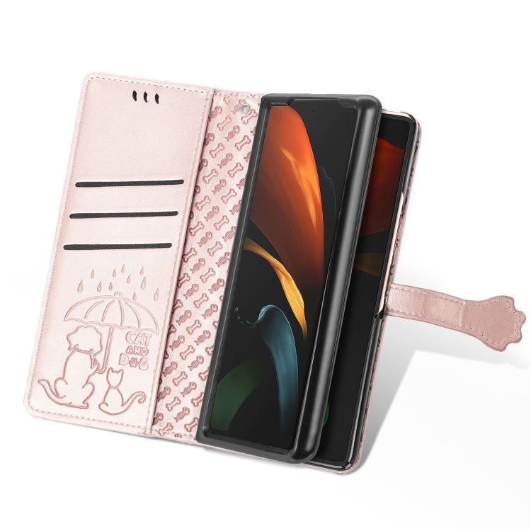 For Samsung Galaxy Z Fold3 5G Lovely Cat and Dog Embossing Pattern Horizontal Flip Leather Case , with Holder & Card Slots & Wallet(Rose Gold)