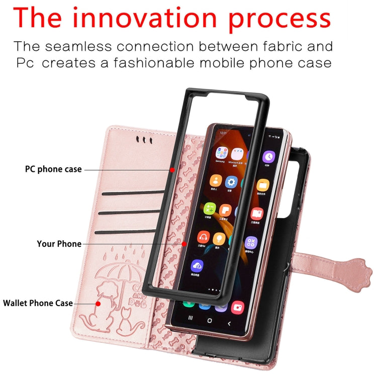 For Samsung Galaxy Z Fold3 5G Lovely Cat and Dog Embossing Pattern Horizontal Flip Leather Case , with Holder & Card Slots & Wallet(Rose Gold)