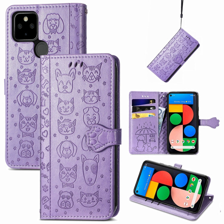 For Google Pixel 5a 5G Lovely Cat and Dog Embossing Pattern Horizontal Flip Leather Case , with Holder & Card Slots & Wallet & Cartoon Clasp & Lanyard