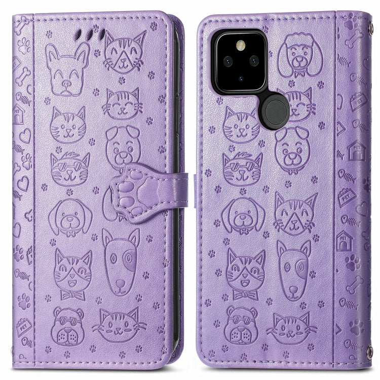 For Google Pixel 5a 5G Lovely Cat and Dog Embossing Pattern Horizontal Flip Leather Case , with Holder & Card Slots & Wallet & Cartoon Clasp & Lanyard