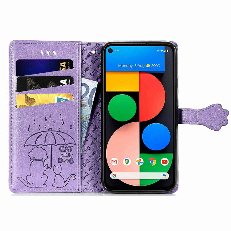 For Google Pixel 5a 5G Lovely Cat and Dog Embossing Pattern Horizontal Flip Leather Case , with Holder & Card Slots & Wallet & Cartoon Clasp & Lanyard