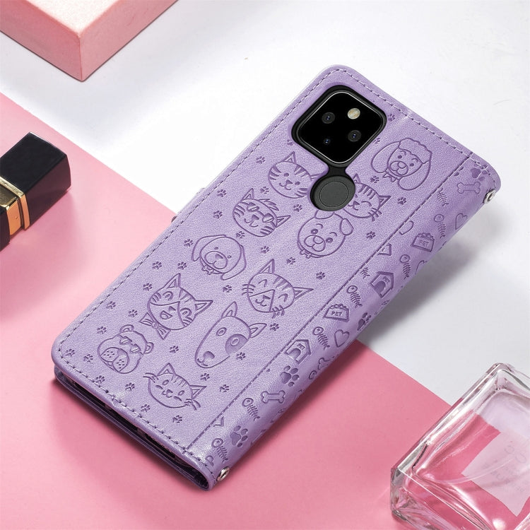 For Google Pixel 5a 5G Lovely Cat and Dog Embossing Pattern Horizontal Flip Leather Case , with Holder & Card Slots & Wallet & Cartoon Clasp & Lanyard