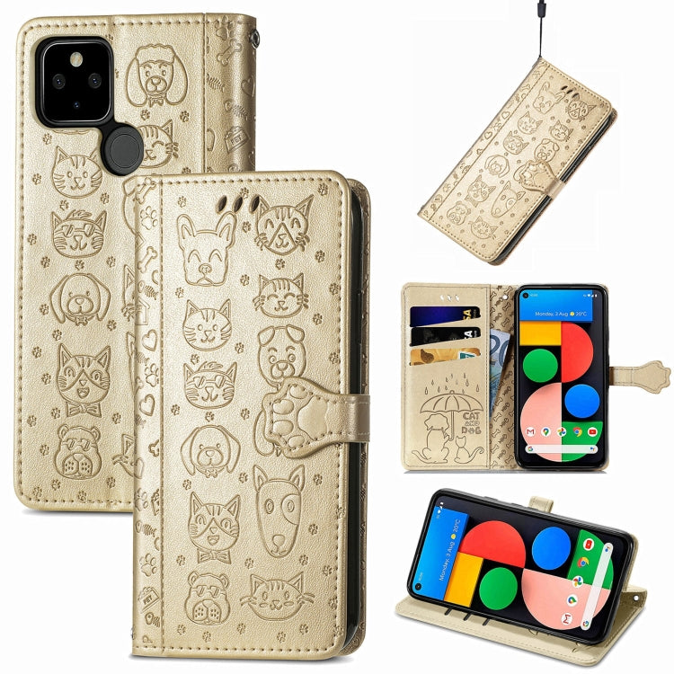 For Google Pixel 5a 5G Lovely Cat and Dog Embossing Pattern Horizontal Flip Leather Case , with Holder & Card Slots & Wallet & Cartoon Clasp & Lanyard