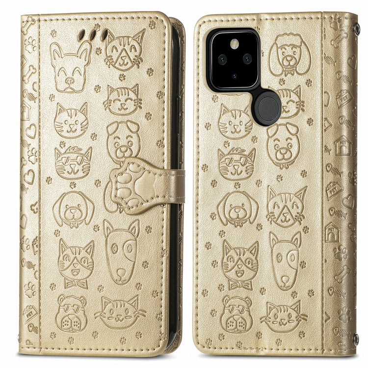 For Google Pixel 5a 5G Lovely Cat and Dog Embossing Pattern Horizontal Flip Leather Case , with Holder & Card Slots & Wallet & Cartoon Clasp & Lanyard
