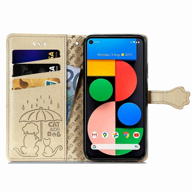 For Google Pixel 5a 5G Lovely Cat and Dog Embossing Pattern Horizontal Flip Leather Case , with Holder & Card Slots & Wallet & Cartoon Clasp & Lanyard