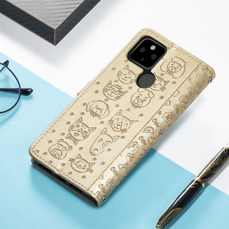 For Google Pixel 5a 5G Lovely Cat and Dog Embossing Pattern Horizontal Flip Leather Case , with Holder & Card Slots & Wallet & Cartoon Clasp & Lanyard