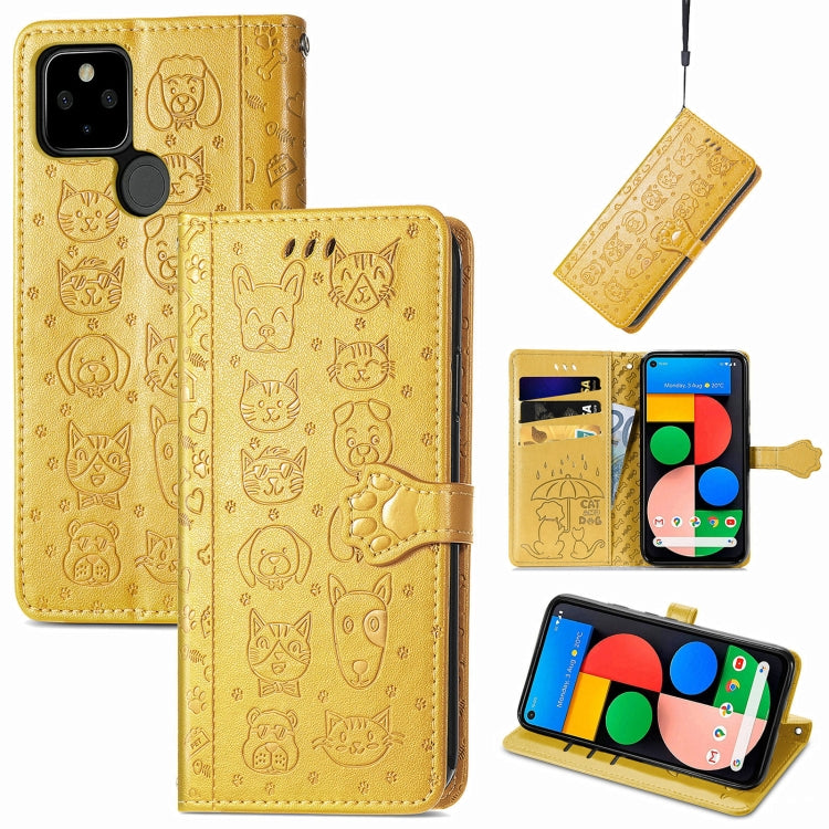 For Google Pixel 5a 5G Lovely Cat and Dog Embossing Pattern Horizontal Flip Leather Case , with Holder & Card Slots & Wallet & Cartoon Clasp & Lanyard
