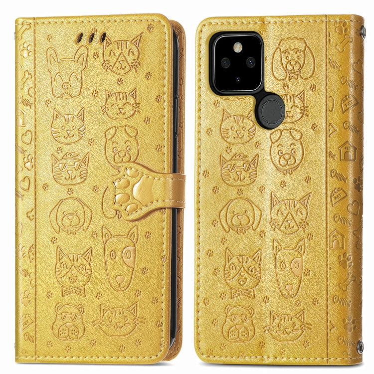 For Google Pixel 5a 5G Lovely Cat and Dog Embossing Pattern Horizontal Flip Leather Case , with Holder & Card Slots & Wallet & Cartoon Clasp & Lanyard
