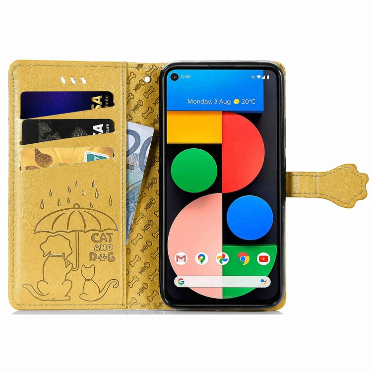 For Google Pixel 5a 5G Lovely Cat and Dog Embossing Pattern Horizontal Flip Leather Case , with Holder & Card Slots & Wallet & Cartoon Clasp & Lanyard